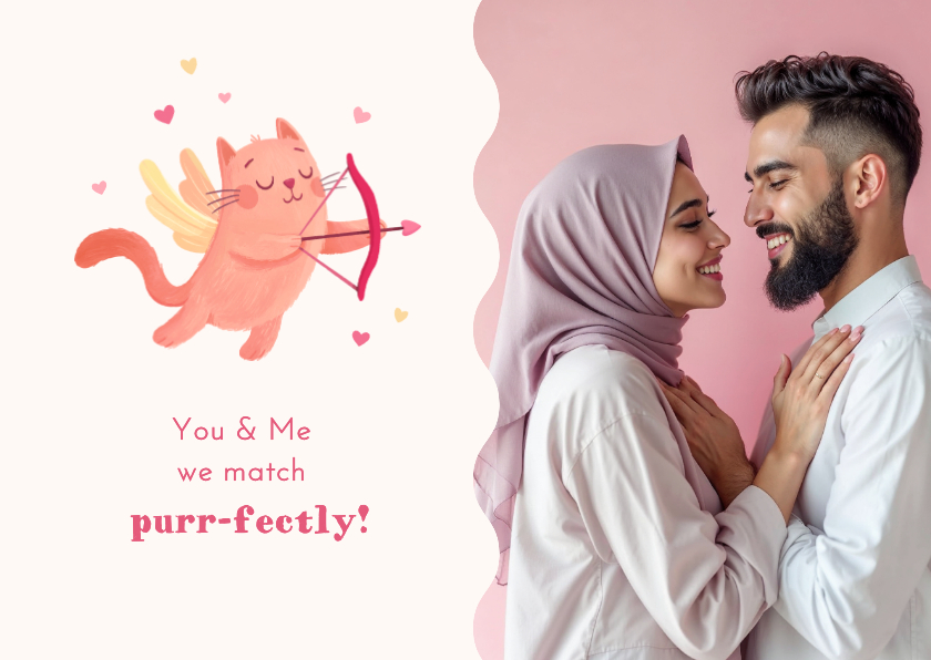 Wenskaarten - Wenskaart purrfect match kat cupido liefde foto valentijn