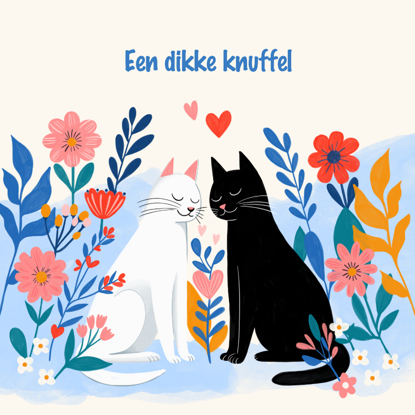 Wenskaarten - Wenskaart twee katten tussen de bloemen