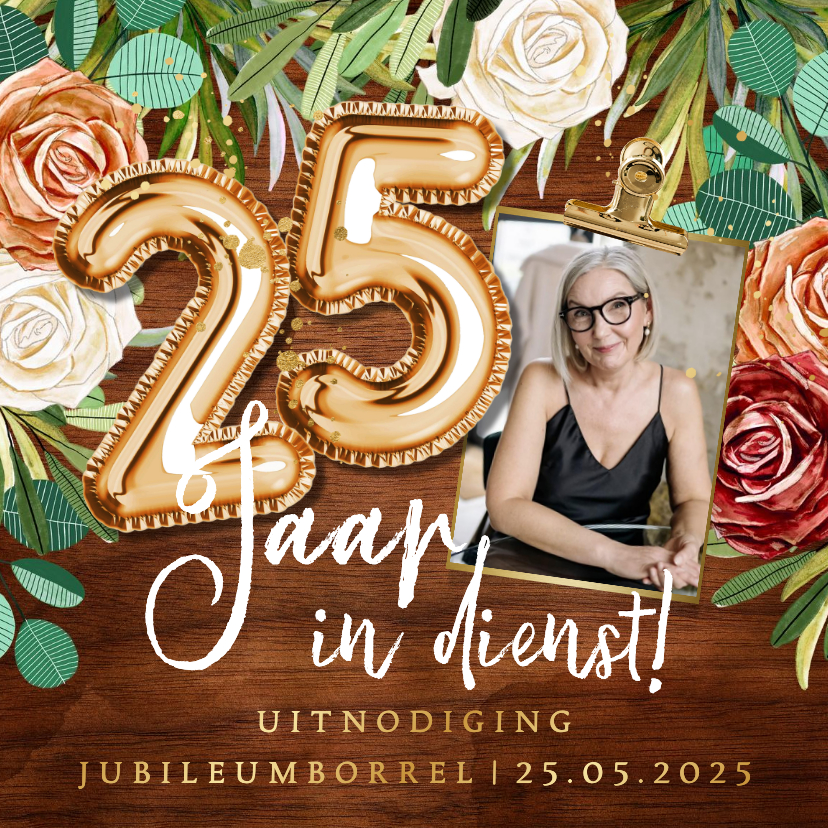 Zakelijke kaarten - Stijlvolle uitnodiging 25jarig jubileum botanisch hout rozen