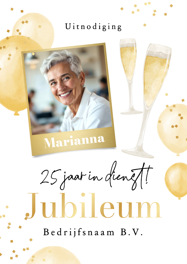 Zakelijke kaarten - Uitnodiging jubileum medewerker ballonnen confetti foto goud