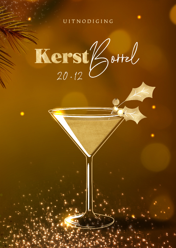 Zakelijke kerstkaarten - Goudlook kerstborrel uitnodiging kerstcocktail hulsttakje