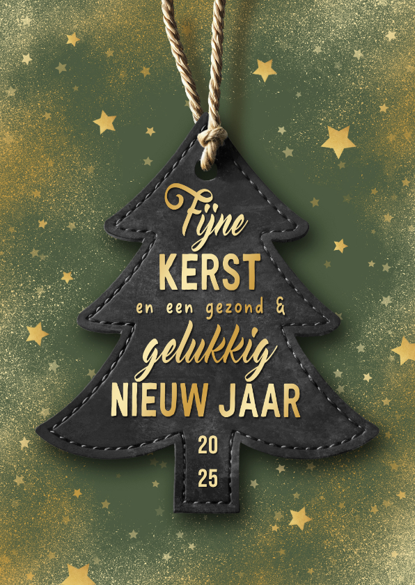 Zakelijke kerstkaarten - Kerstkaart kerstboom label goud groen sterren beste wensen