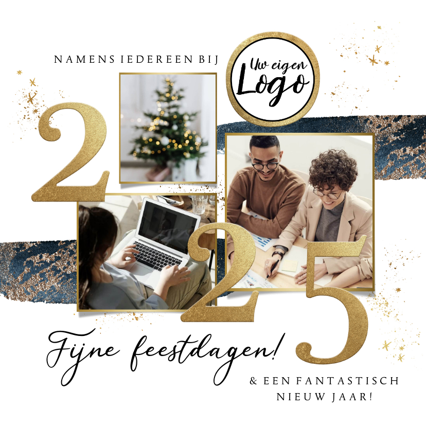 Zakelijke kerstkaarten - Kerstkaart relatie verfstreep watercolour goud logo 2025