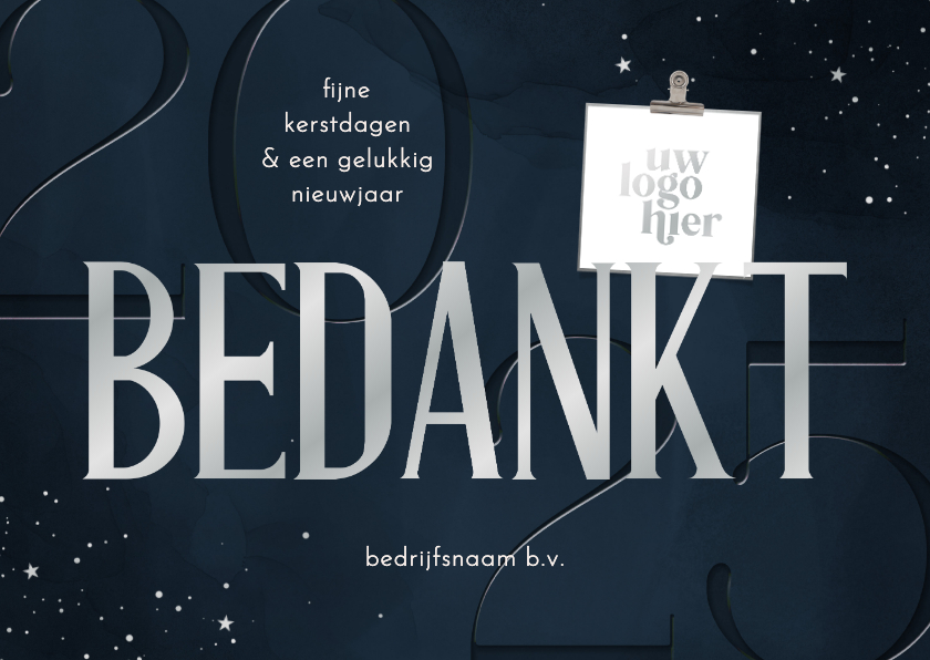 Zakelijke kerstkaarten - Stijlvol kerstkaartje bedankt met logo zilver donkerblauw