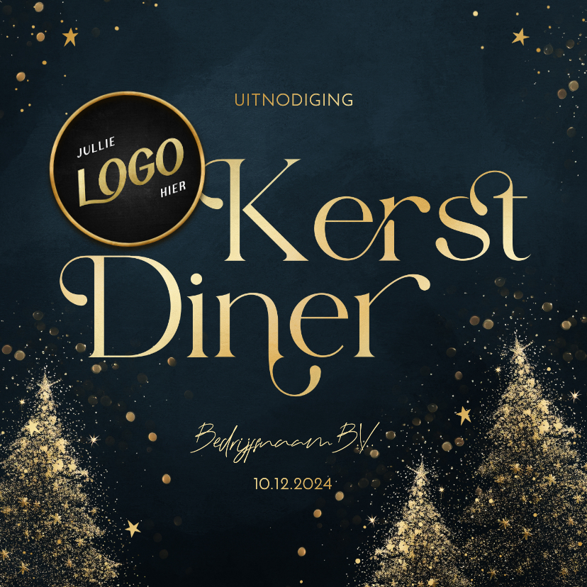 Zakelijke kerstkaarten - Uitnodiging kerstdiner blauw met gouden kerstbomen en logo