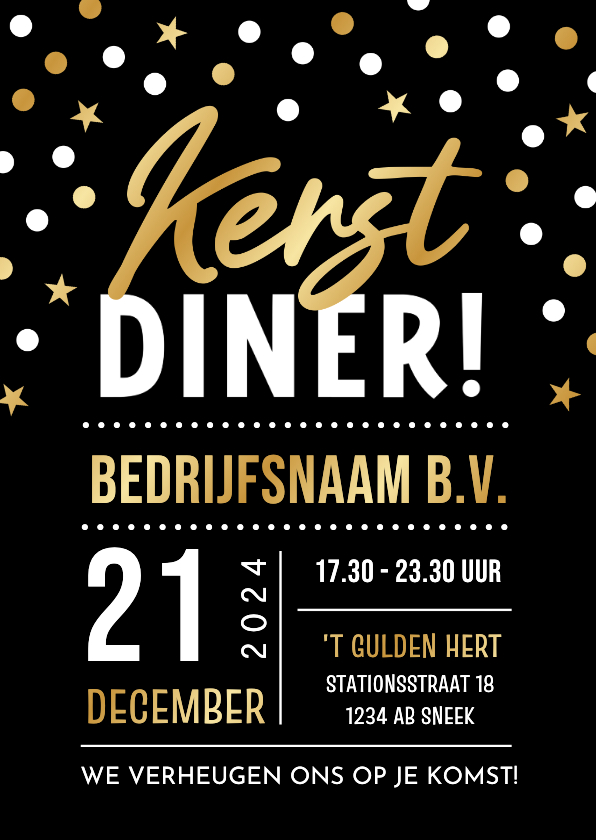 Zakelijke kerstkaarten - Uitnodiging zakelijk kerstdiner met confetti in goudfolie