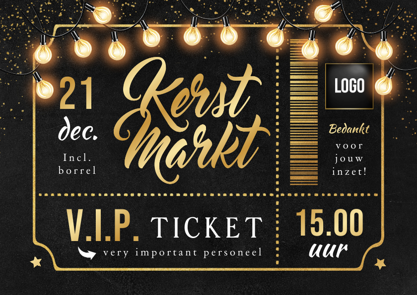 Zakelijke kerstkaarten - VIP ticket kerstmarkt borrel personeel goud lampjes