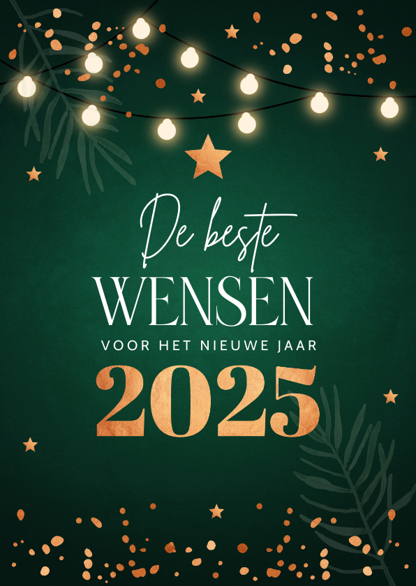 Zakelijke kerstkaarten - Zakelijke kerstkaart groen lampjes 2025 koperlook