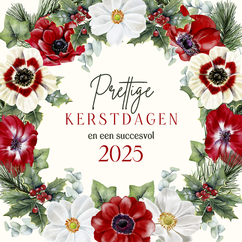 Zakelijke kerstkaarten - Zakelijke kerstkaart krans anemonen dennentakken