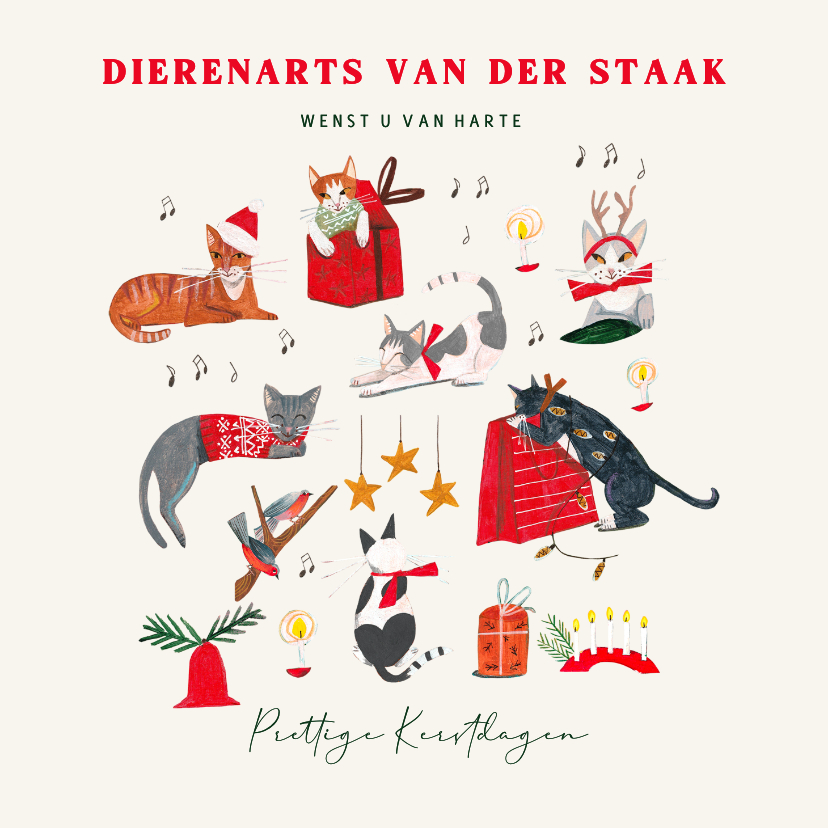 Zakelijke kerstkaarten - Zakelijke kerstkaart met poezen en kerst decoratie