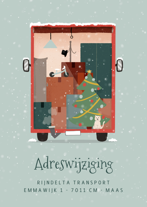 Zakelijke kerstkaarten - Zakelijke verhuiskaart kerst met verhuiswagen en sneeuw